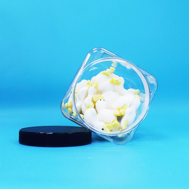 شیشه های پلاستیکی شفاف PET با شکل مربع، درپوش مشکی برای غذای کودک، آب نبات، کلوچه