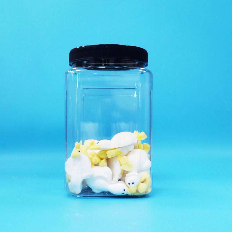 شیشه های پلاستیکی شفاف PET با شکل مربع، درپوش مشکی برای غذای کودک، آب نبات، کلوچه