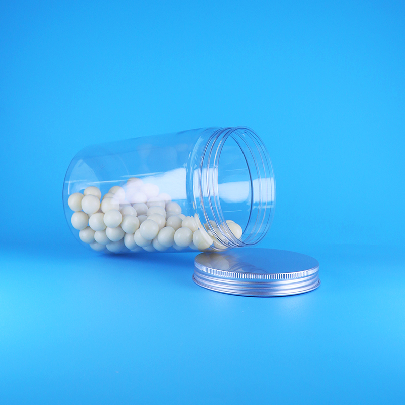 شیشه گرد بلند پلاستیکی PET دهان گشاد شفاف برای غذای کودک، آب نبات، درپوش آلومینیومی تخت