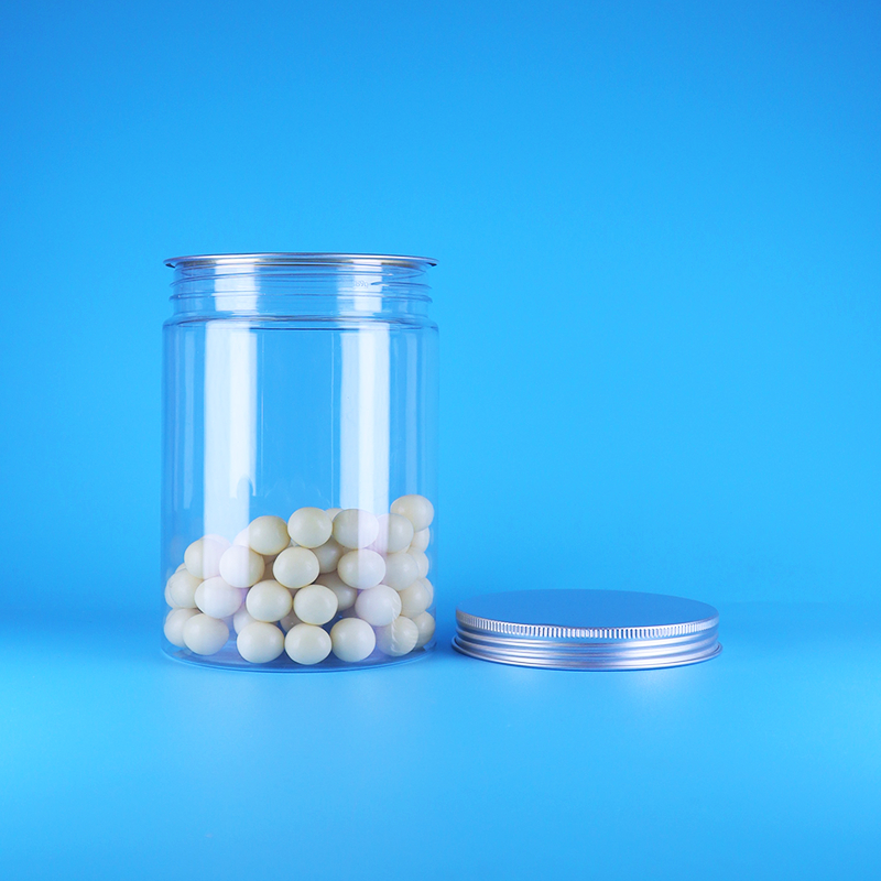 شیشه گرد بلند پلاستیکی PET دهان گشاد شفاف برای غذای کودک، آب نبات، درپوش آلومینیومی تخت