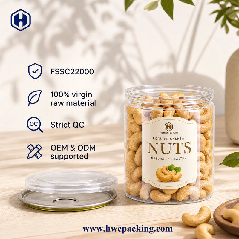 FSSC22000 گواهینامه قوطی های PET شفاف برای مواد غذایی خشک ODM سفارشات انبوه مدرن طراحی آسان باز